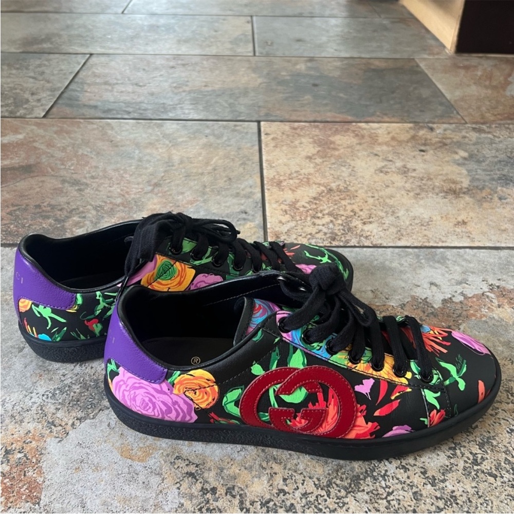 Gucci Black Floral Sneakers with Purple and Red Accents